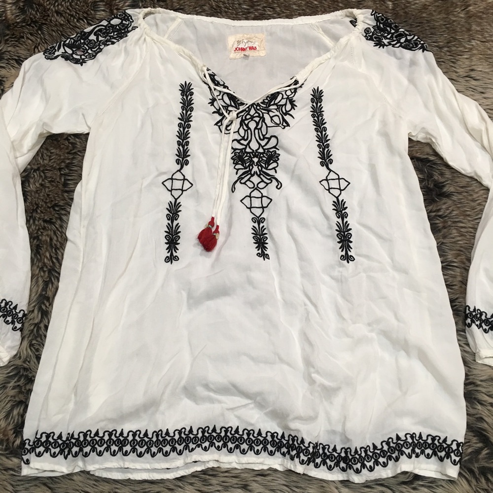 BIYA JOHNNY WAS  PEASANT TOP TUNIC BLOUSE BLACK OPEN EMBROIDERY SIZE S